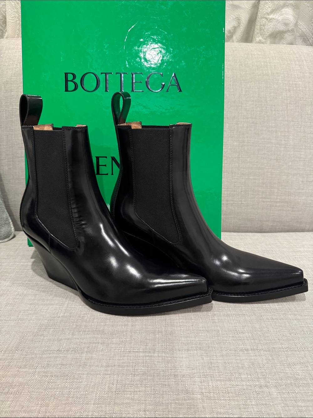 Bottega Veneta Black Pointed Toe Chelsea Wedge Boots